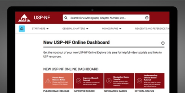 USP-NF online dashboard displayed on computer screen