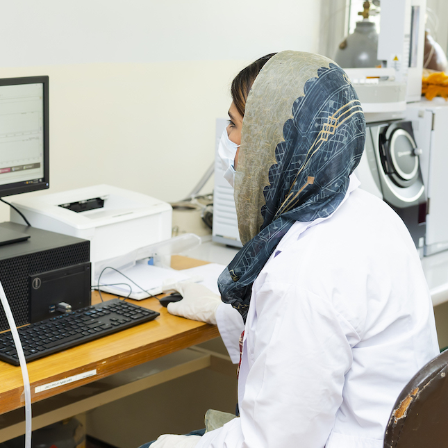 woman in lab looking at computer